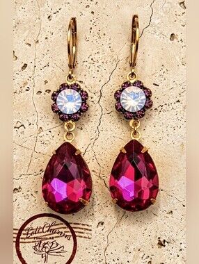 Fuchsia & Pink Rosewater Opal Flower Swarovski Crystals In Gold Plated Earrings